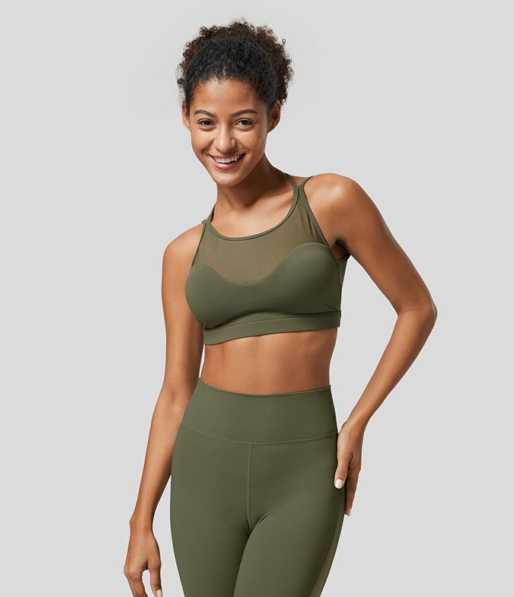 Softlyzero™ Low Support Halter Backless Contrast Mesh Yoga Sports Bra-UPF50+  | Womens  Sports Bras Clothing Grass Grey Green/Black