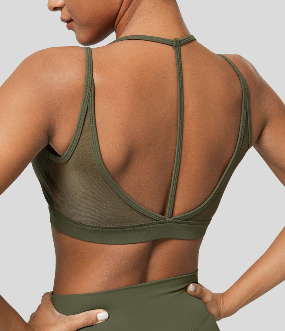 Softlyzero™ Low Support Halter Backless Contrast Mesh Yoga Sports Bra-UPF50+  | Womens  Sports Bras Clothing Grass Grey Green/Black