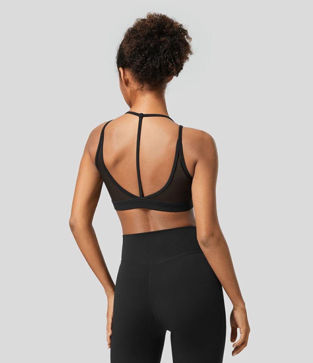 Softlyzero™ Low Support Halter Backless Contrast Mesh Yoga Sports Bra-UPF50+  | Womens  Sports Bras Clothing Grass Grey Green/Black