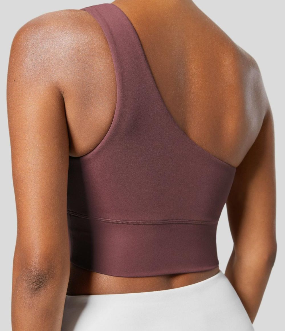 Softlyzero™ Low Support One Shoulder Backless Yoga Sports Bra-UPF50+  | Womens  Sports Bras Clothing Red Mahogany/Black