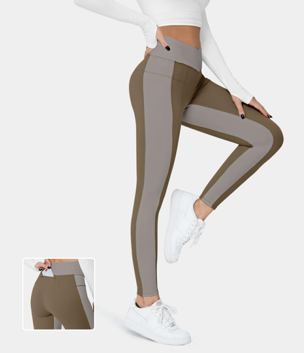 Softlyzero™ Mid Rise Crossover Color Block Back Waistband Pocket 7/8 Yoga Leggings-UPF50+  | Womens  Crossover Leggings Clothing Chestnut Brown