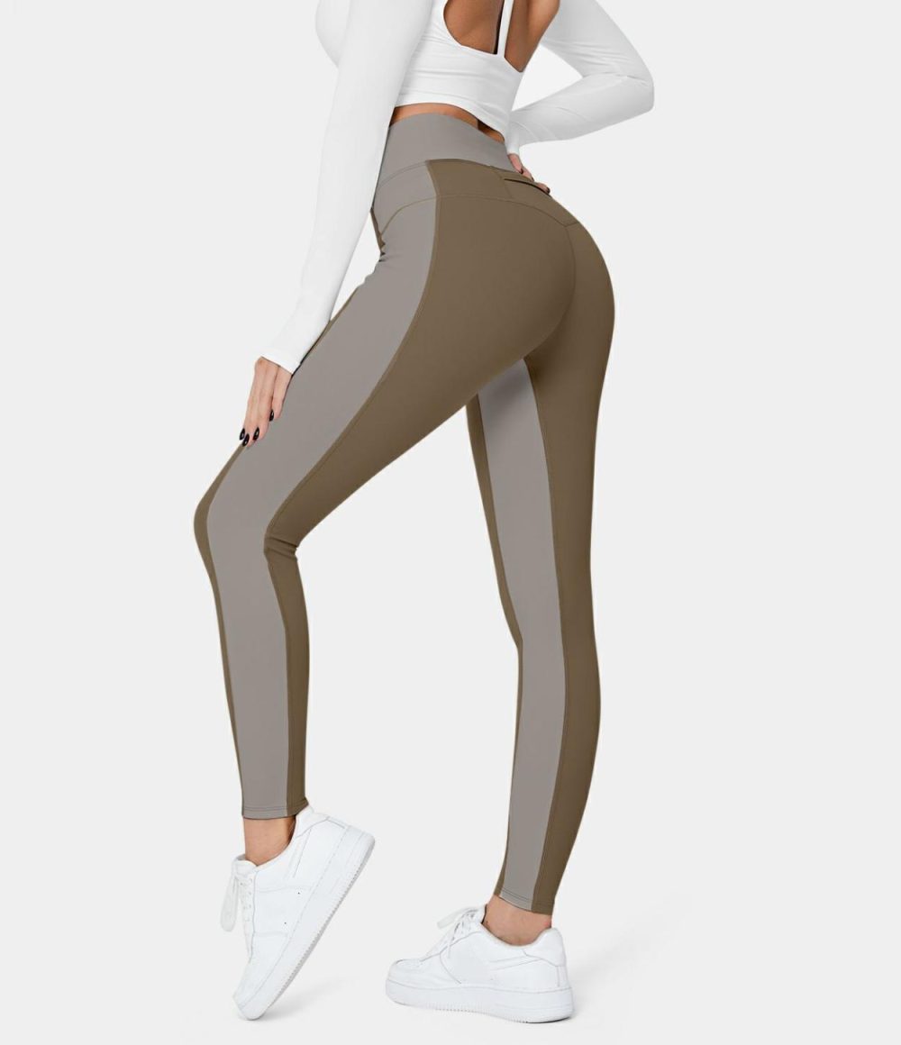 Softlyzero™ Mid Rise Crossover Color Block Back Waistband Pocket 7/8 Yoga Leggings-UPF50+  | Womens  Crossover Leggings Clothing Chestnut Brown