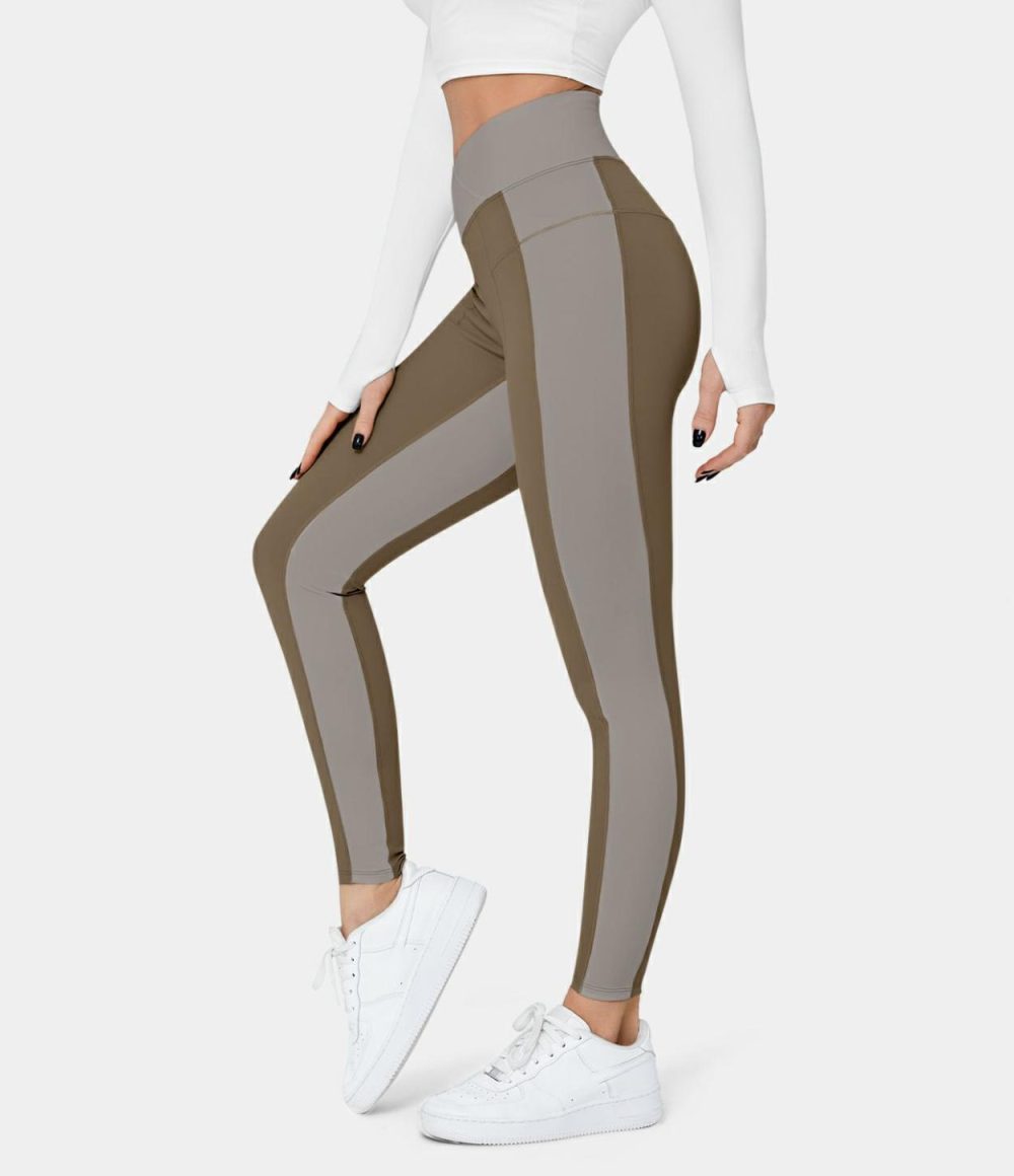 Softlyzero™ Mid Rise Crossover Color Block Back Waistband Pocket 7/8 Yoga Leggings-UPF50+  | Womens  Crossover Leggings Clothing Chestnut Brown