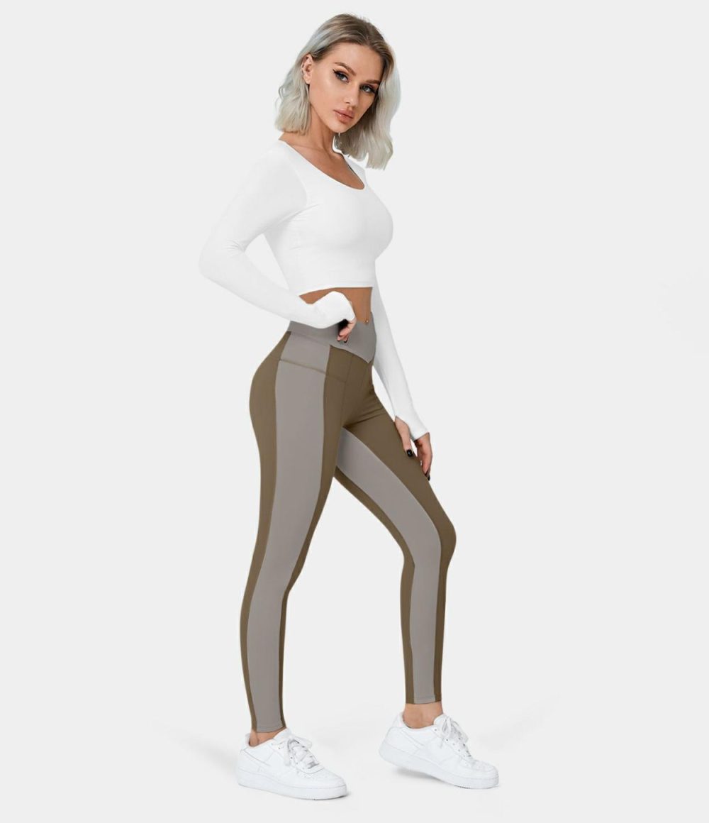 Softlyzero™ Mid Rise Crossover Color Block Back Waistband Pocket 7/8 Yoga Leggings-UPF50+  | Womens  Crossover Leggings Clothing Chestnut Brown