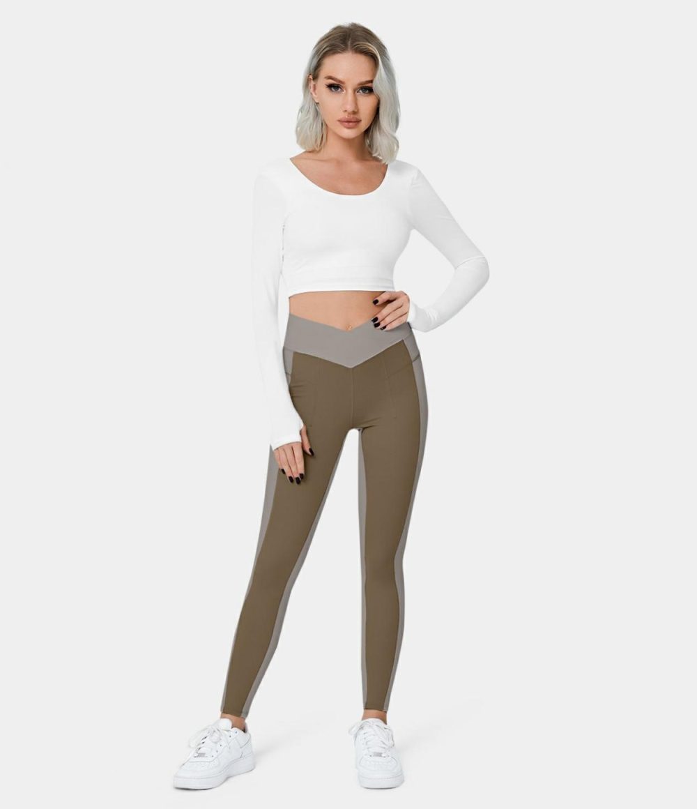 Softlyzero™ Mid Rise Crossover Color Block Back Waistband Pocket 7/8 Yoga Leggings-UPF50+  | Womens  Crossover Leggings Clothing Chestnut Brown