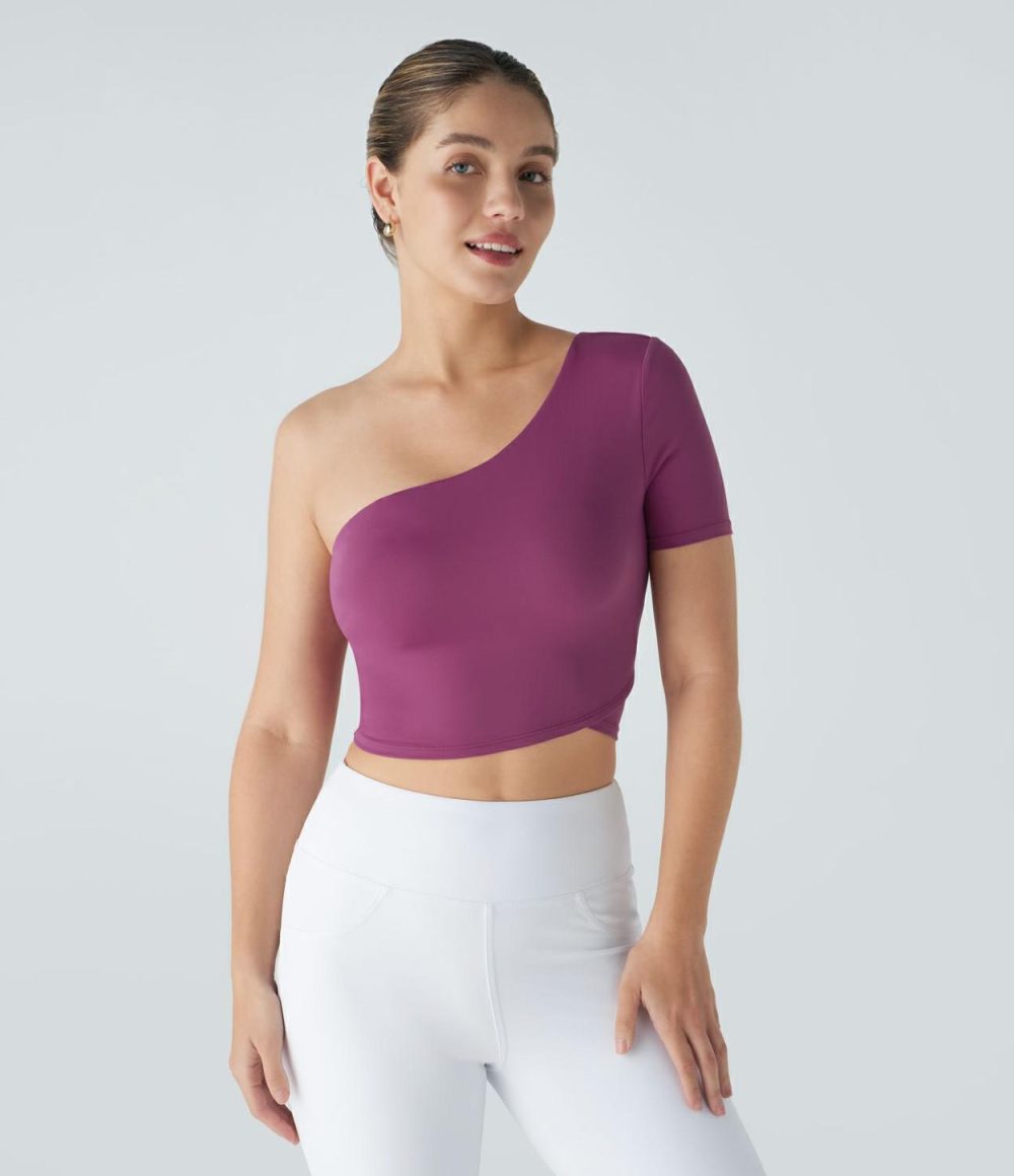 Softlyzero™ One Shoulder Short Sleeve Backless Cropped Yoga Sports Top-UPF50+  | Womens  Sports Tops Clothing Sports Tops