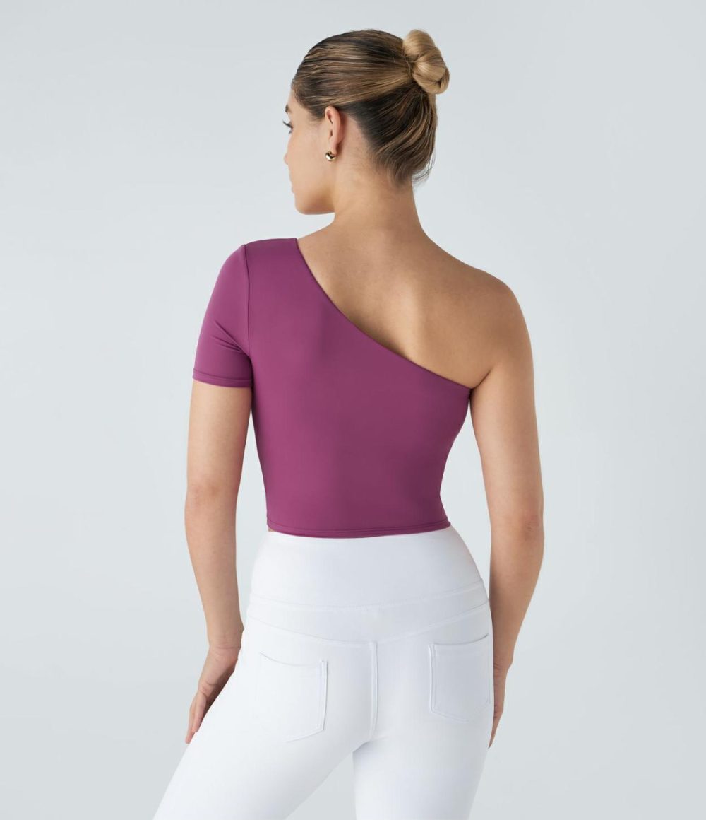 Softlyzero™ One Shoulder Short Sleeve Backless Cropped Yoga Sports Top-UPF50+  | Womens  Sports Tops Clothing Sports Tops