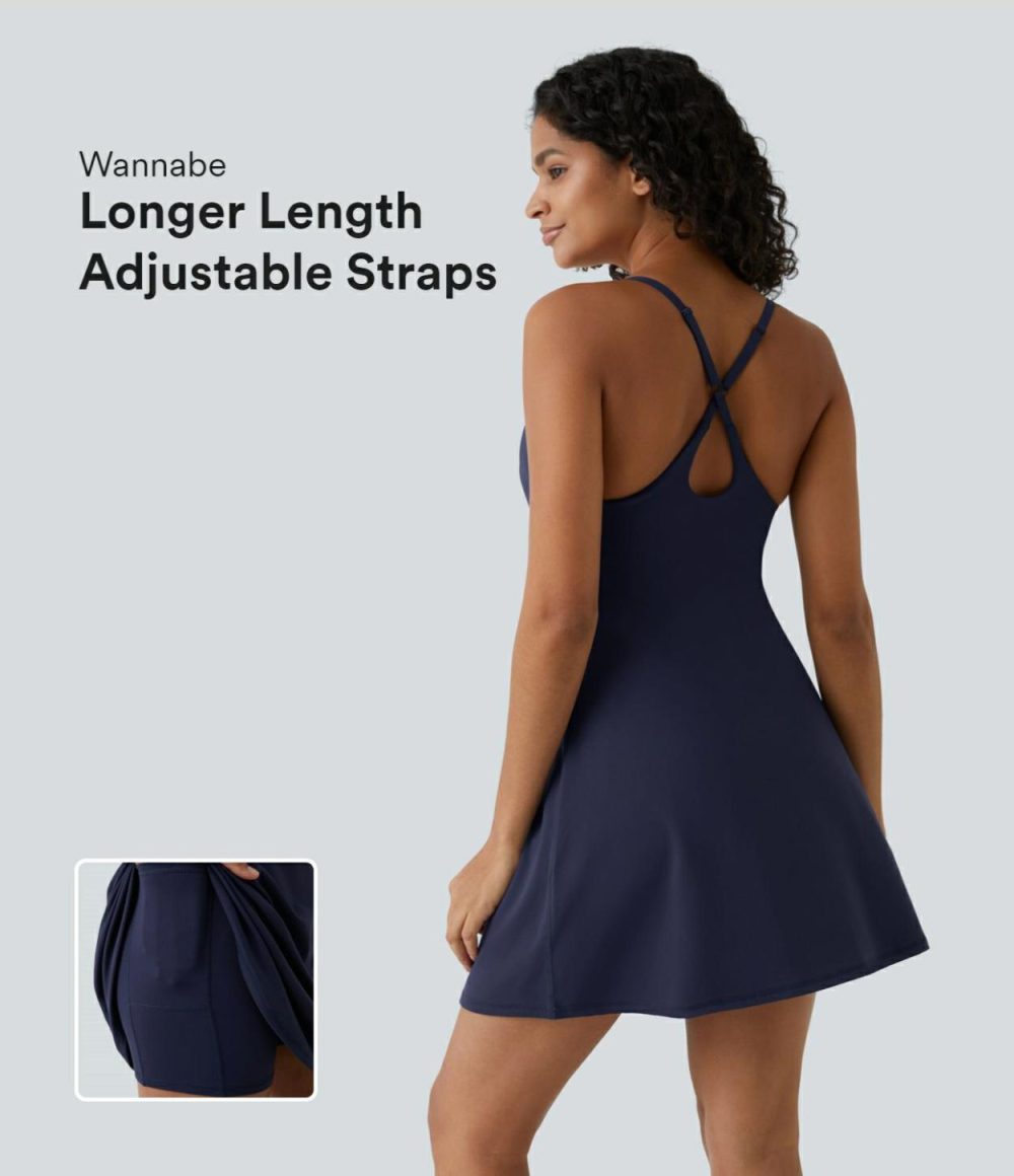 Softlyzero™ Plush Adjustable Straps Backless Crisscross 2-in-1 Pocket Flare Slip Active Dress  | Womens  Active Dresses Active Dresses Active Dresses