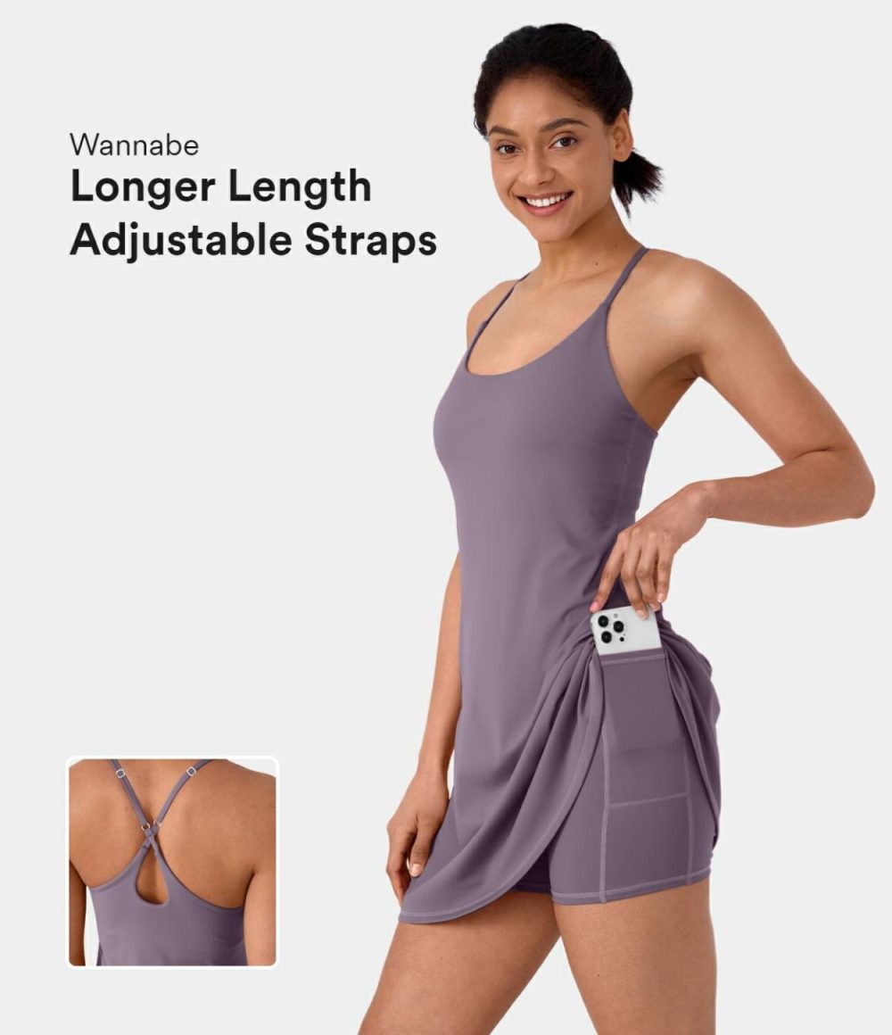 Softlyzero™ Plush Adjustable Straps Backless Crisscross 2-in-1 Pocket Flare Slip Active Dress  | Womens  Active Dresses Active Dresses Active Dresses