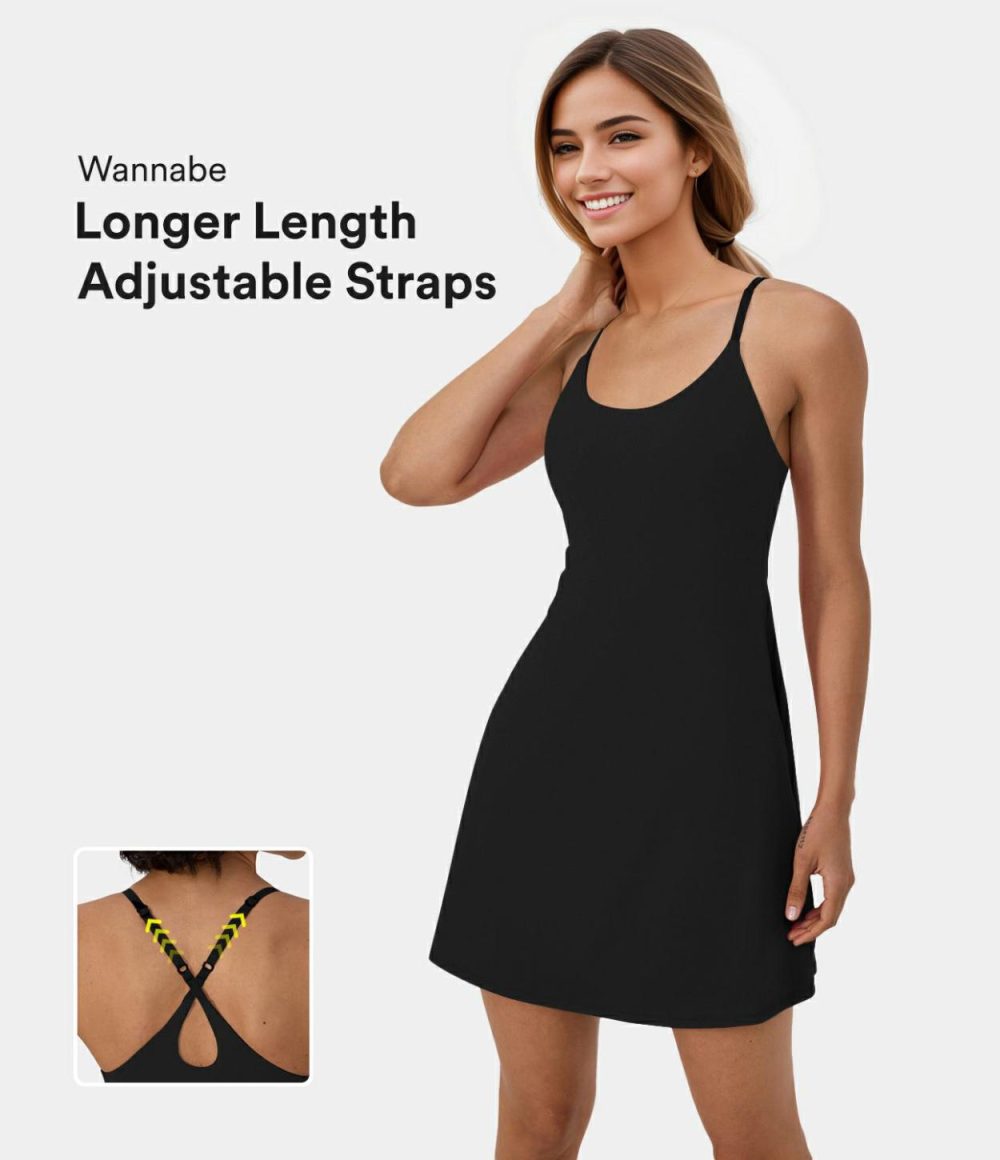 Softlyzero™ Plush Adjustable Straps Backless Crisscross 2-in-1 Pocket Flare Slip Active Dress  | Womens  Active Dresses Active Dresses Active Dresses