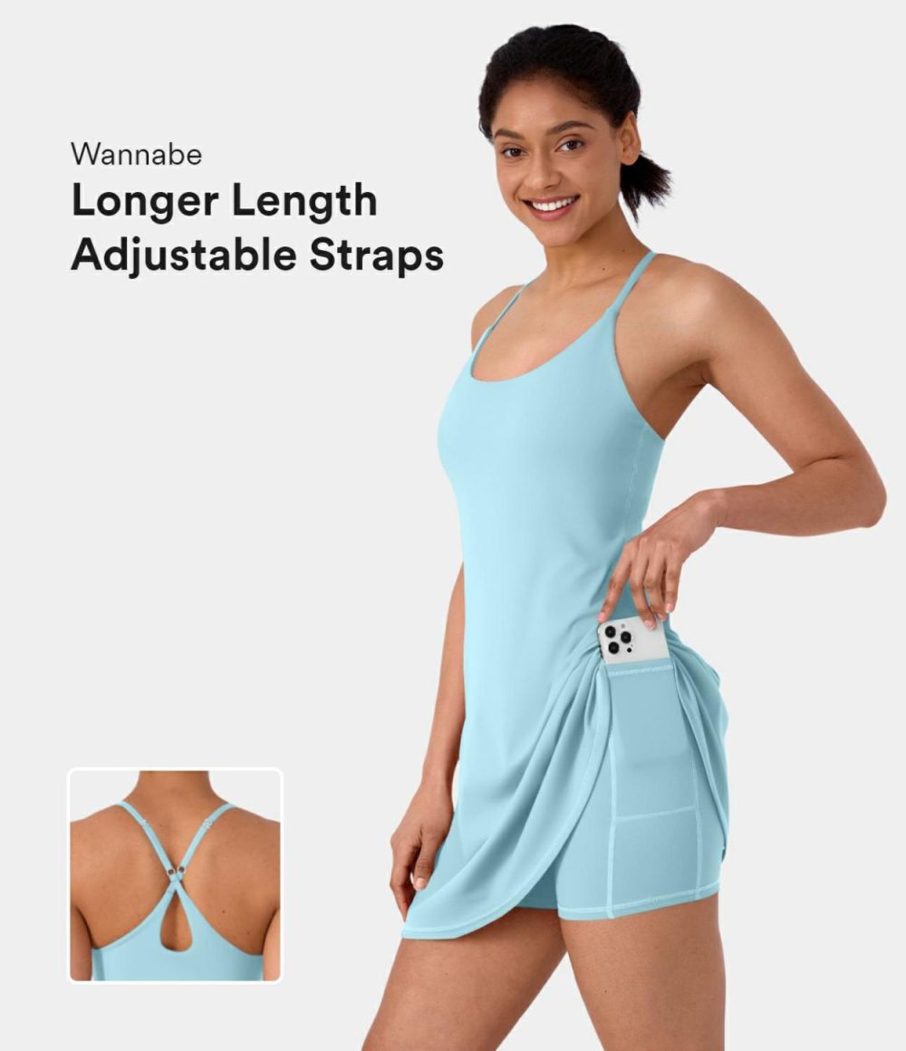 Softlyzero™ Plush Adjustable Straps Backless Crisscross 2-in-1 Pocket Flare Slip Active Dress  | Womens  Active Dresses Active Dresses Active Dresses