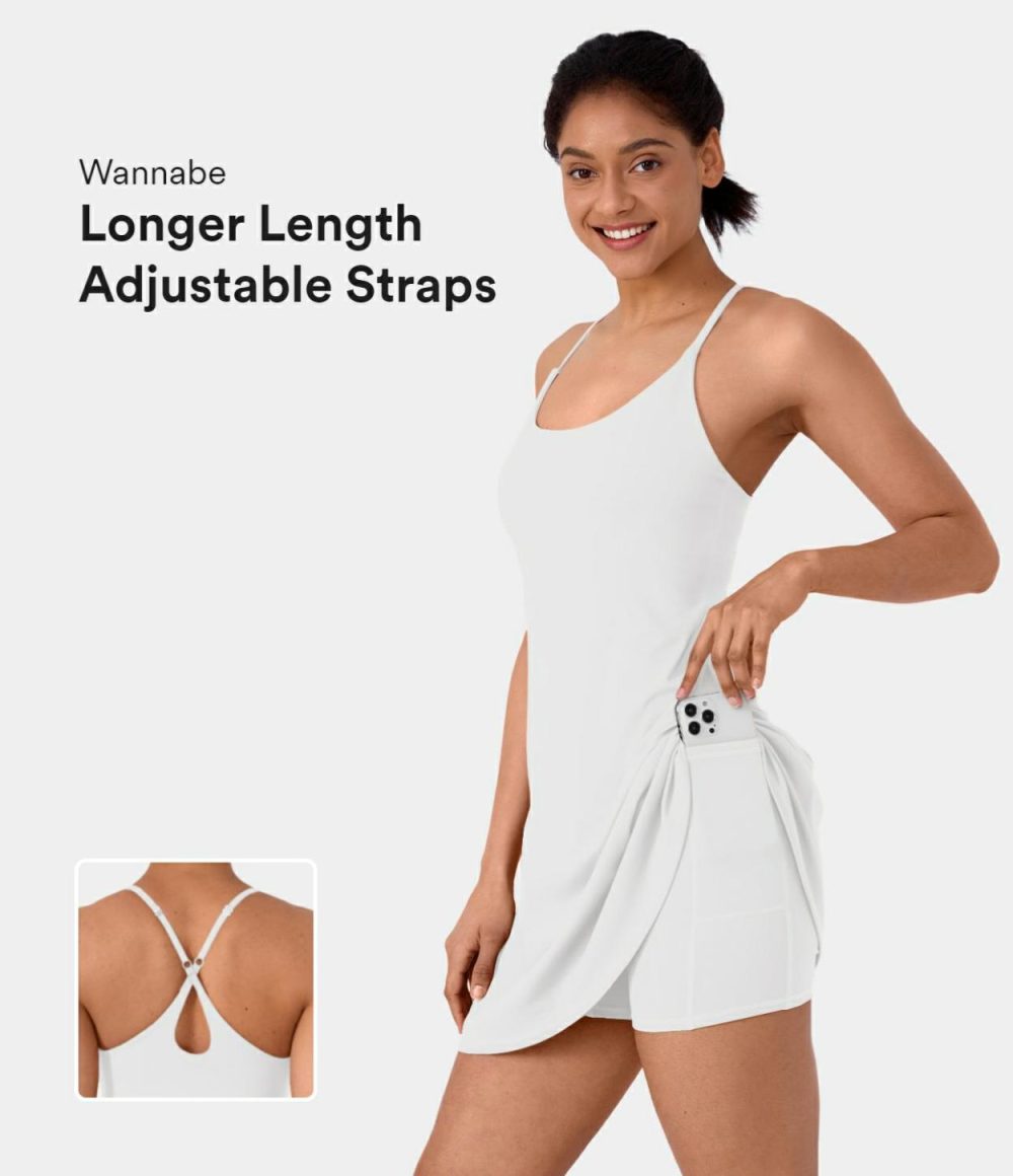 Softlyzero™ Plush Adjustable Straps Backless Crisscross 2-in-1 Pocket Flare Slip Active Dress  | Womens  Active Dresses Active Dresses Active Dresses