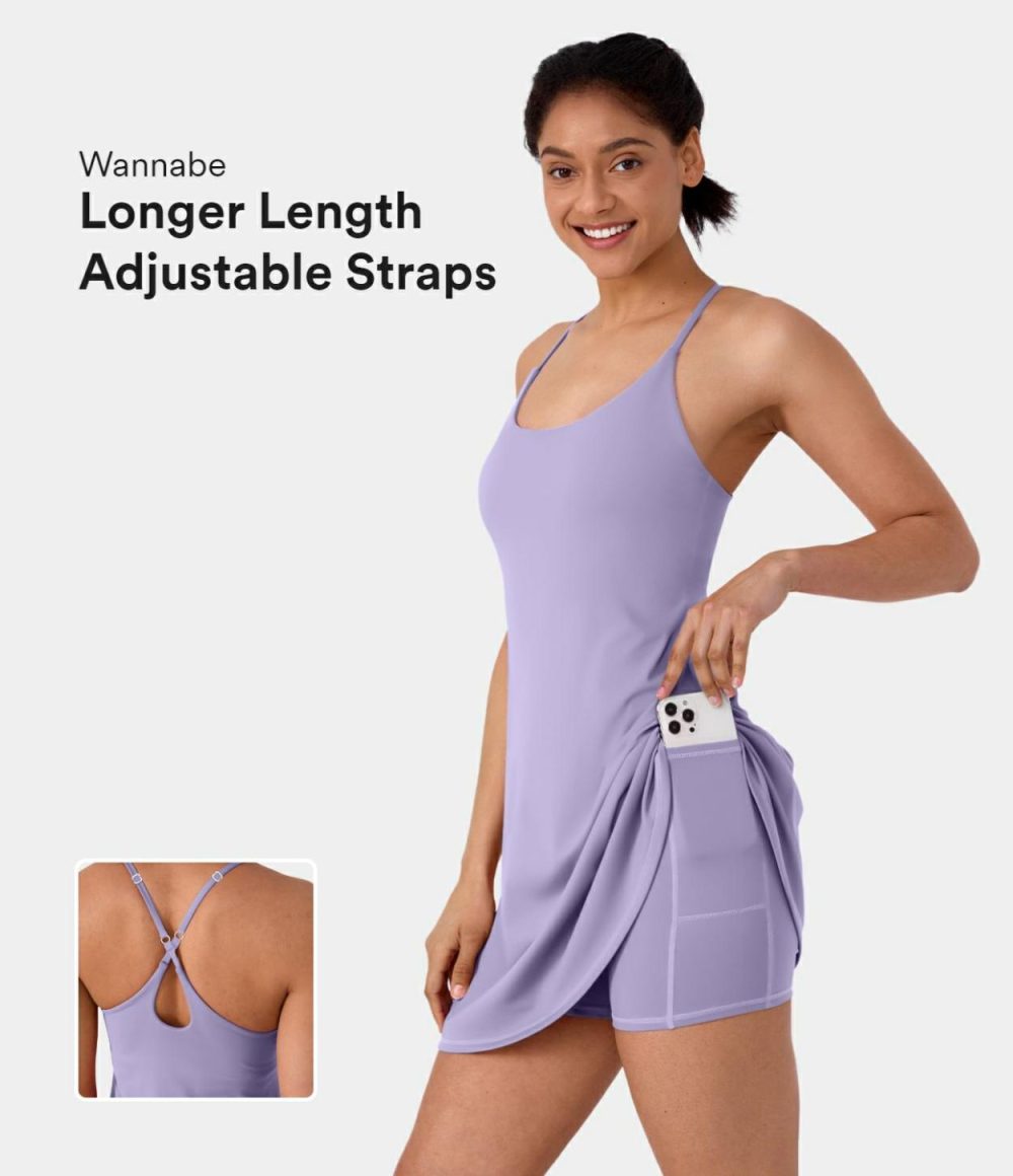 Softlyzero™ Plush Adjustable Straps Backless Crisscross 2-in-1 Pocket Flare Slip Active Dress  | Womens  Active Dresses Active Dresses Active Dresses