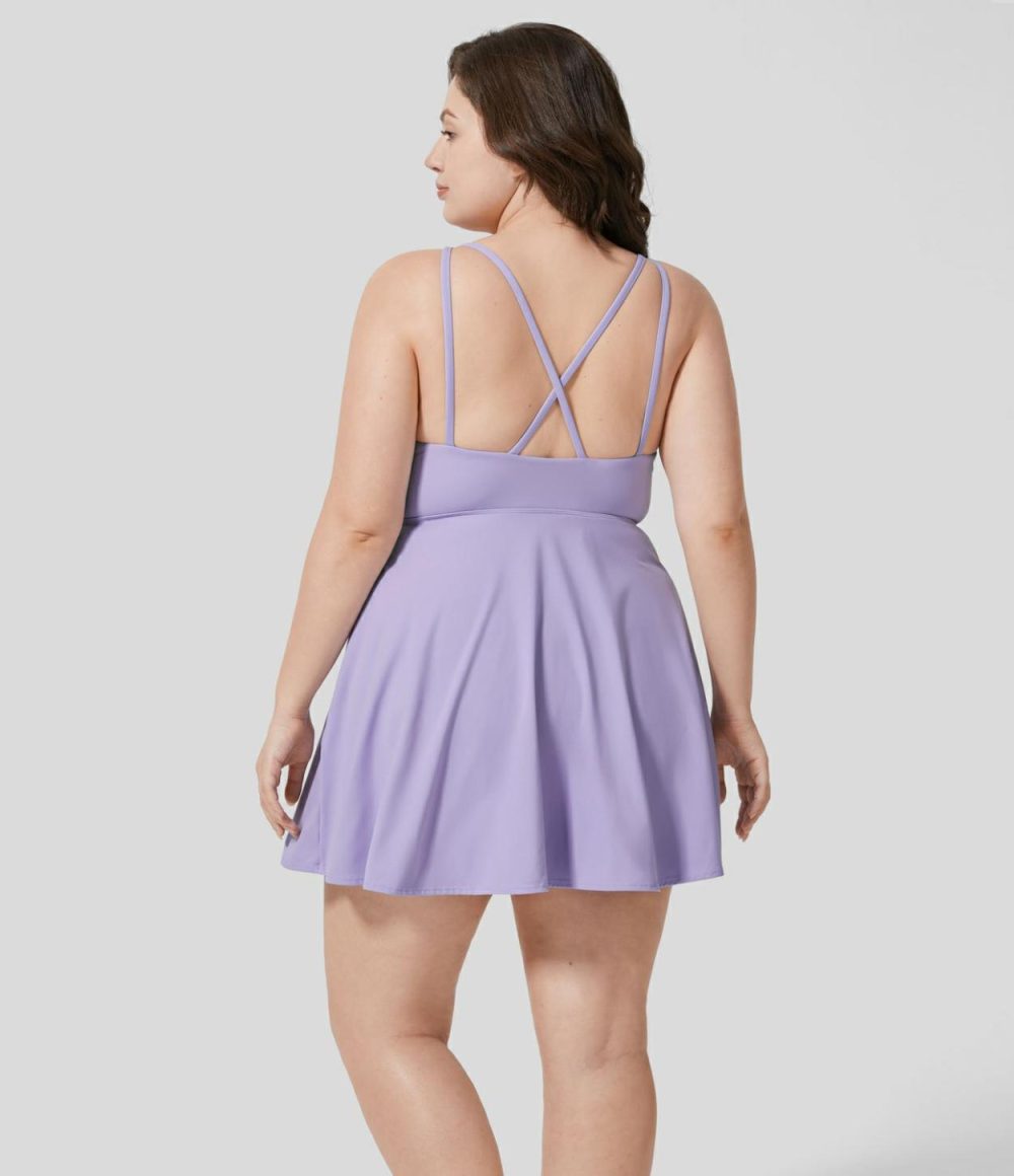 Softlyzero™ Plush Backless Crisscross Side Pocket 2-Piece Barre Ballet Dance Plus Size Dress  | Womens  Mini Dresses Clothing Lavender/Black