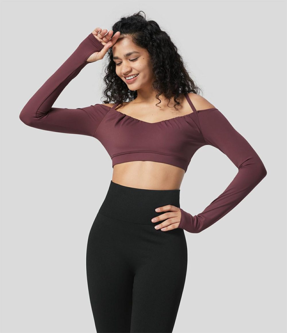 Softlyzero™ Plush Cold Shoulder Plicated Long Sleeve Thumb Hole Cropped Yoga Sports Top  | Womens  Sports Tops Clothing Red Mahogany