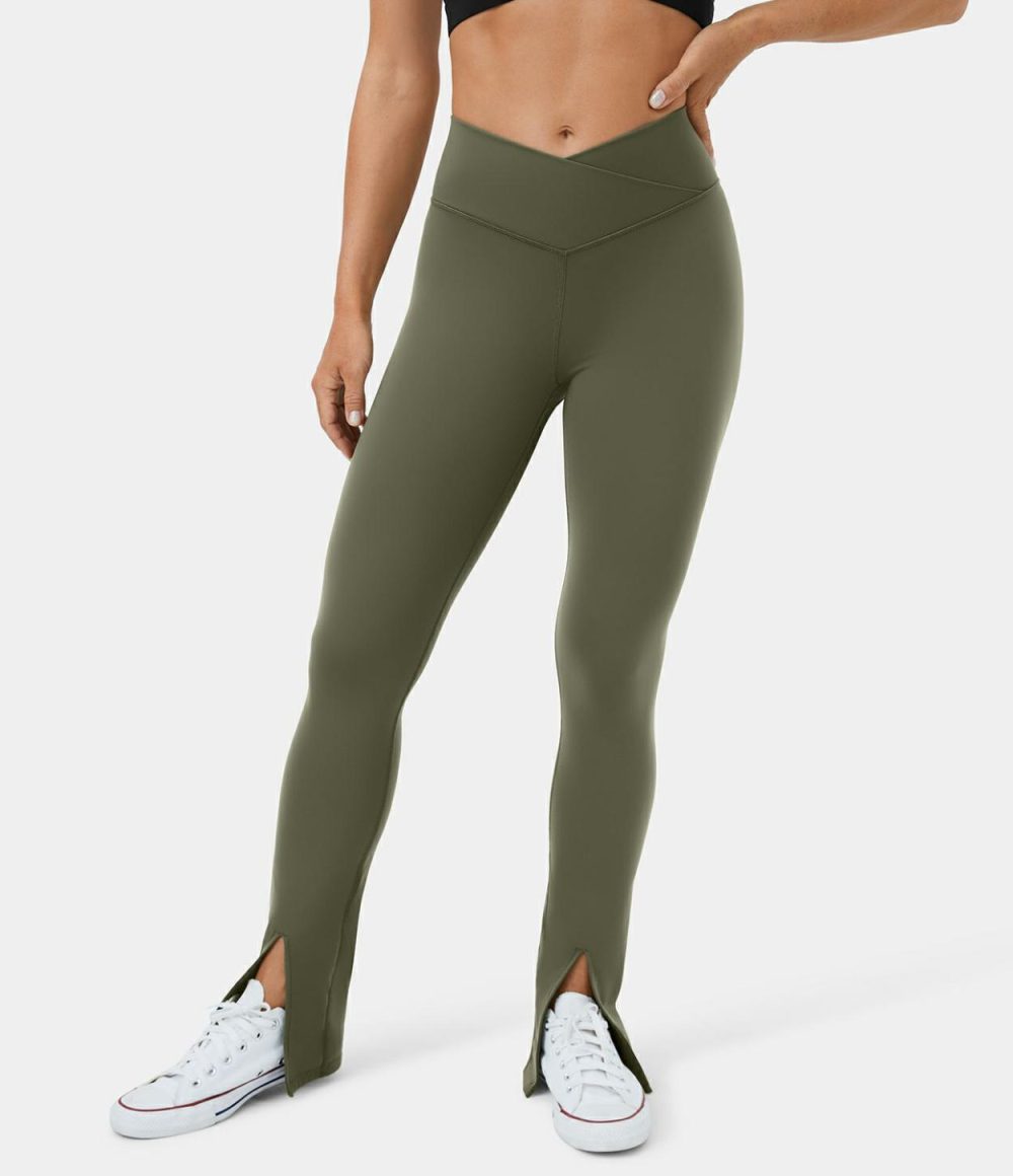 Softlyzero™ Plush Crossover Back Waistband Pocket Split Hem Yoga Leggings  | Womens  Crossover Leggings Clothing Crossover Leggings