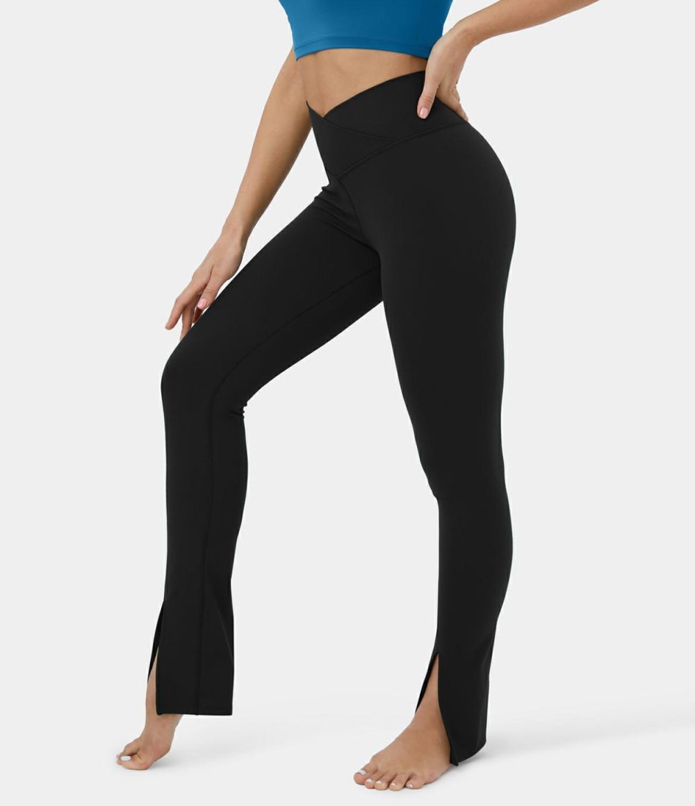 Softlyzero™ Plush Crossover Back Waistband Pocket Split Hem Yoga Leggings  | Womens  Crossover Leggings Clothing Crossover Leggings