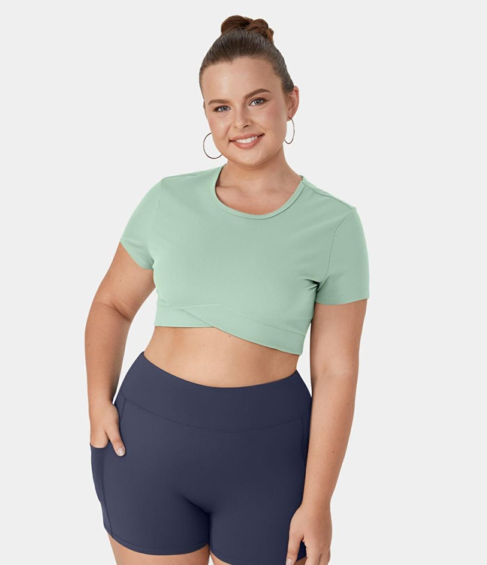 Softlyzero™ Plush Crossover Hem Cropped Plus Size Yoga Sports Top  | Womens  Cropped Tops Clothing Cropped Tops