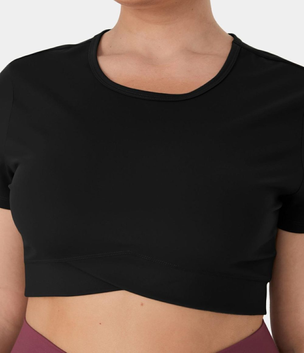 Softlyzero™ Plush Crossover Hem Cropped Plus Size Yoga Sports Top  | Womens  Cropped Tops Clothing Cropped Tops