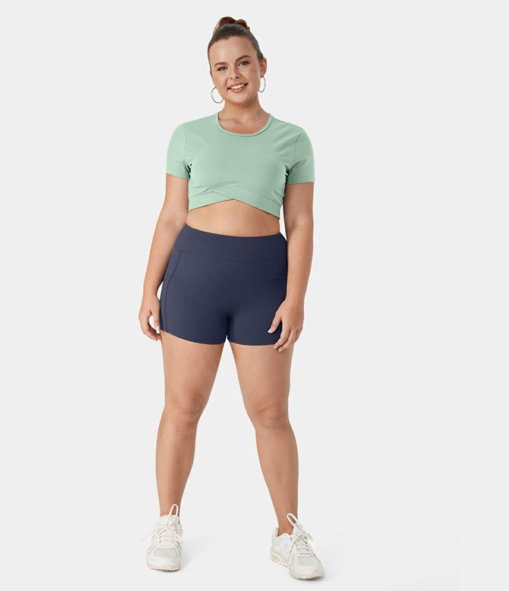 Softlyzero™ Plush Crossover Hem Cropped Plus Size Yoga Sports Top  | Womens  Cropped Tops Clothing Cropped Tops