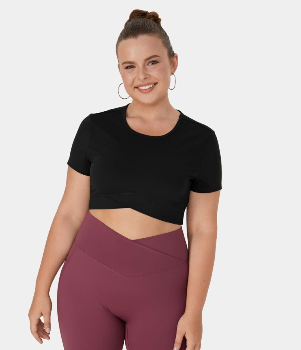 Softlyzero™ Plush Crossover Hem Cropped Plus Size Yoga Sports Top  | Womens  Cropped Tops Clothing Cropped Tops