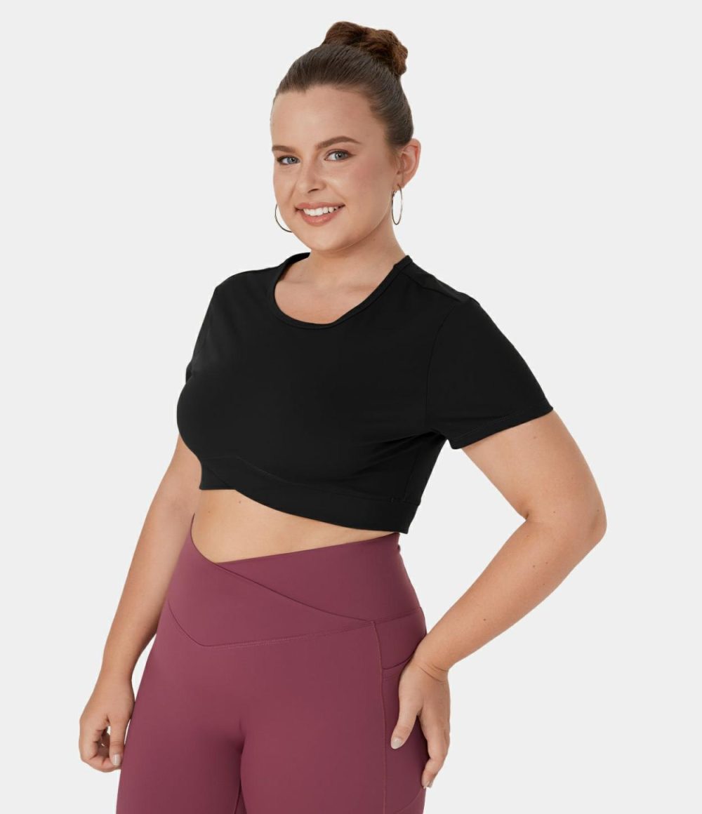 Softlyzero™ Plush Crossover Hem Cropped Plus Size Yoga Sports Top  | Womens  Cropped Tops Clothing Cropped Tops