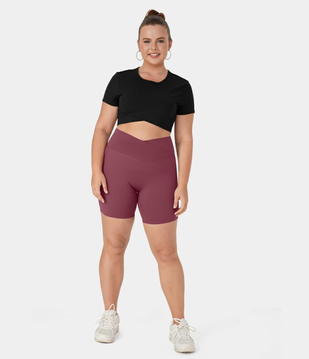 Softlyzero™ Plush Crossover Hem Cropped Plus Size Yoga Sports Top  | Womens  Cropped Tops Clothing Cropped Tops