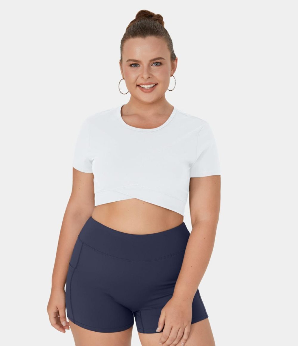 Softlyzero™ Plush Crossover Hem Cropped Plus Size Yoga Sports Top  | Womens  Cropped Tops Clothing Cropped Tops