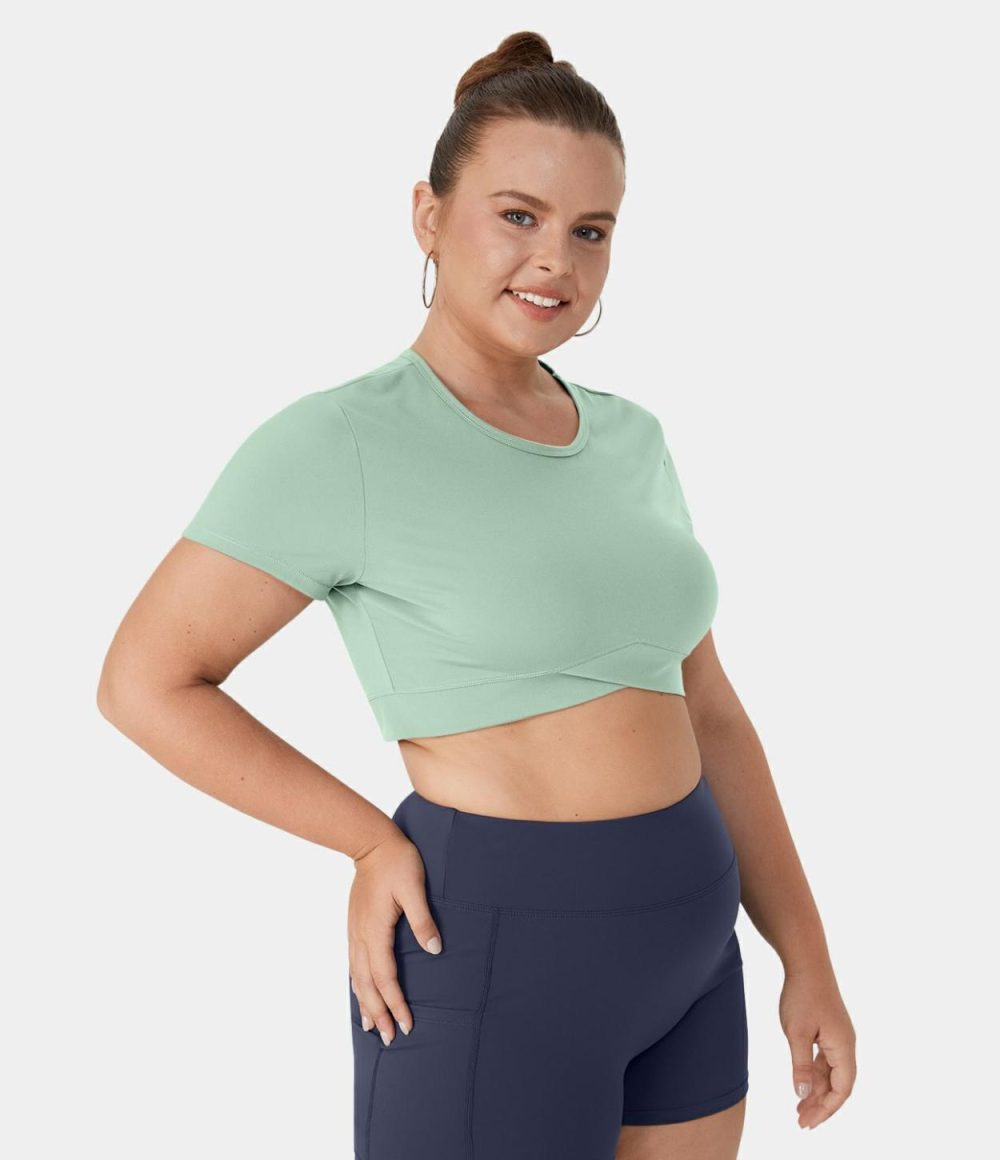 Softlyzero™ Plush Crossover Hem Cropped Plus Size Yoga Sports Top  | Womens  Cropped Tops Clothing Cropped Tops