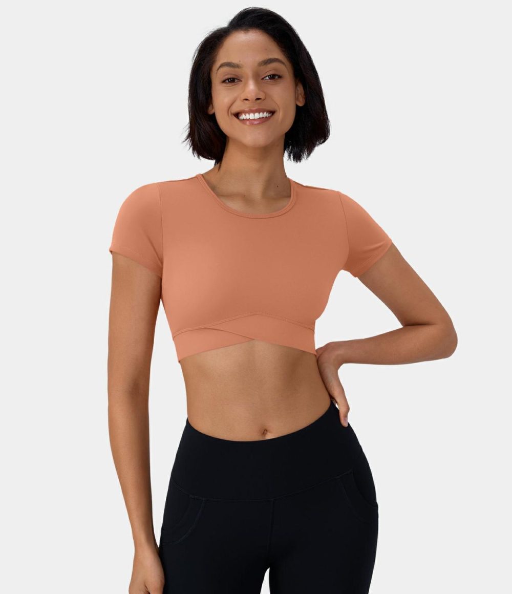 Softlyzero™ Plush Crossover Hem Cropped Sports Top  | Womens  Sports Tops Clothing Sports Tops