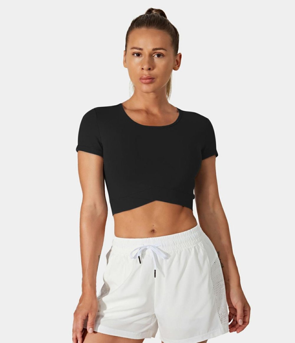 Softlyzero™ Plush Crossover Hem Cropped Sports Top  | Womens  Sports Tops Clothing Sports Tops