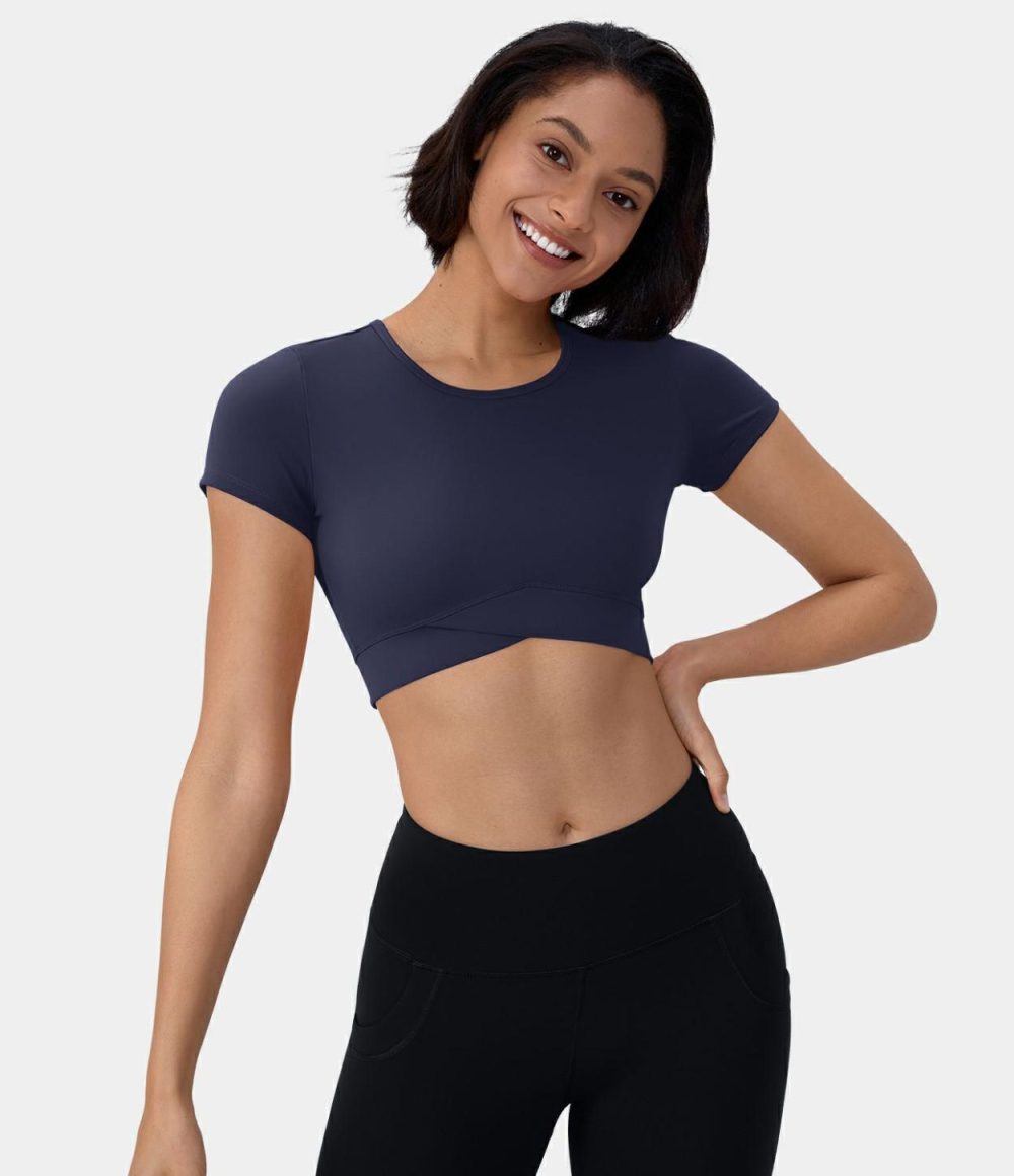 Softlyzero™ Plush Crossover Hem Cropped Sports Top  | Womens  Sports Tops Clothing Sports Tops