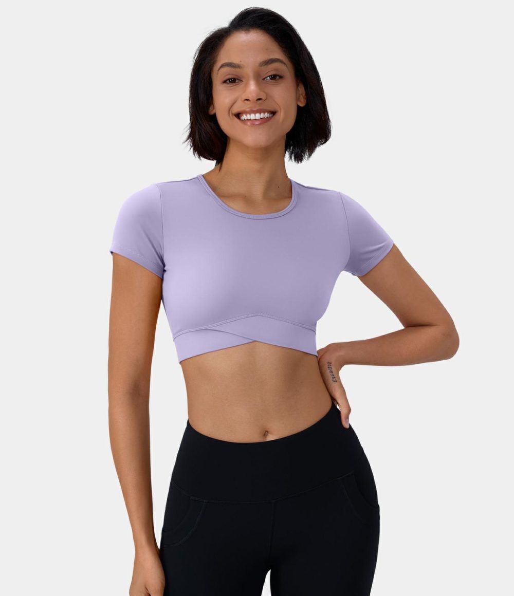 Softlyzero™ Plush Crossover Hem Cropped Sports Top  | Womens  Sports Tops Clothing Sports Tops