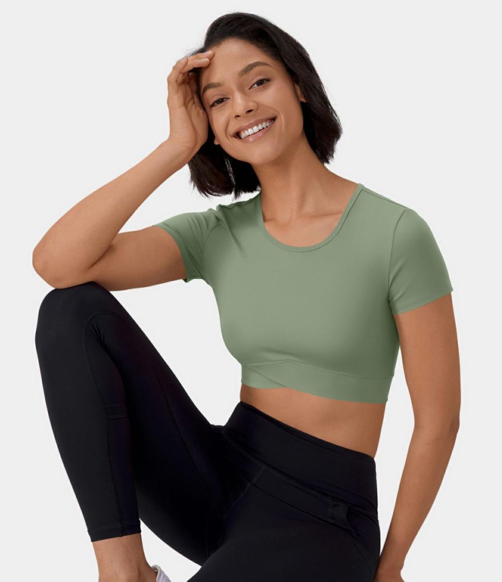 Softlyzero™ Plush Crossover Hem Cropped Sports Top  | Womens  Sports Tops Clothing Sports Tops