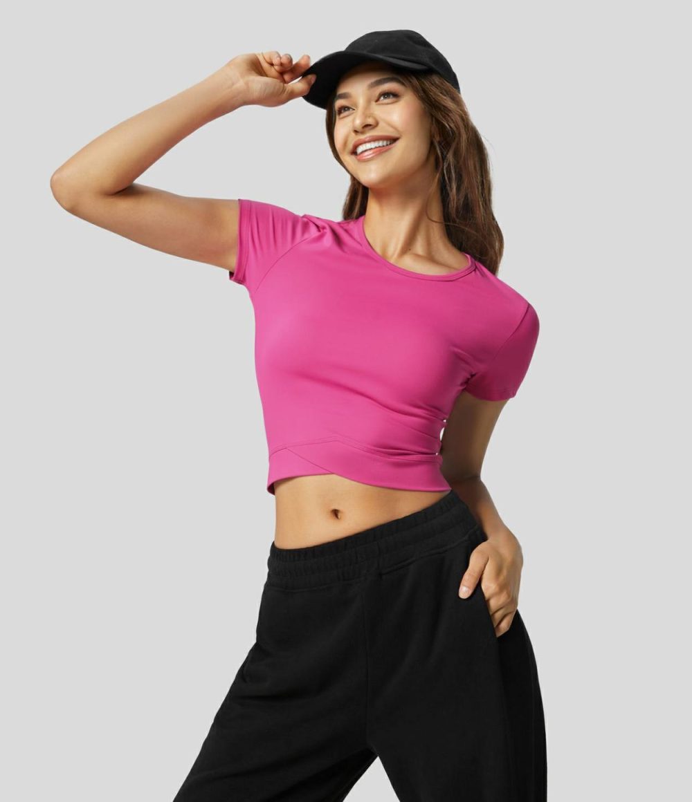 Softlyzero™ Plush Crossover Hem Cropped Yoga Sports Top  | Womens  Sports Tops Clothing Fuchsia Purple/Black