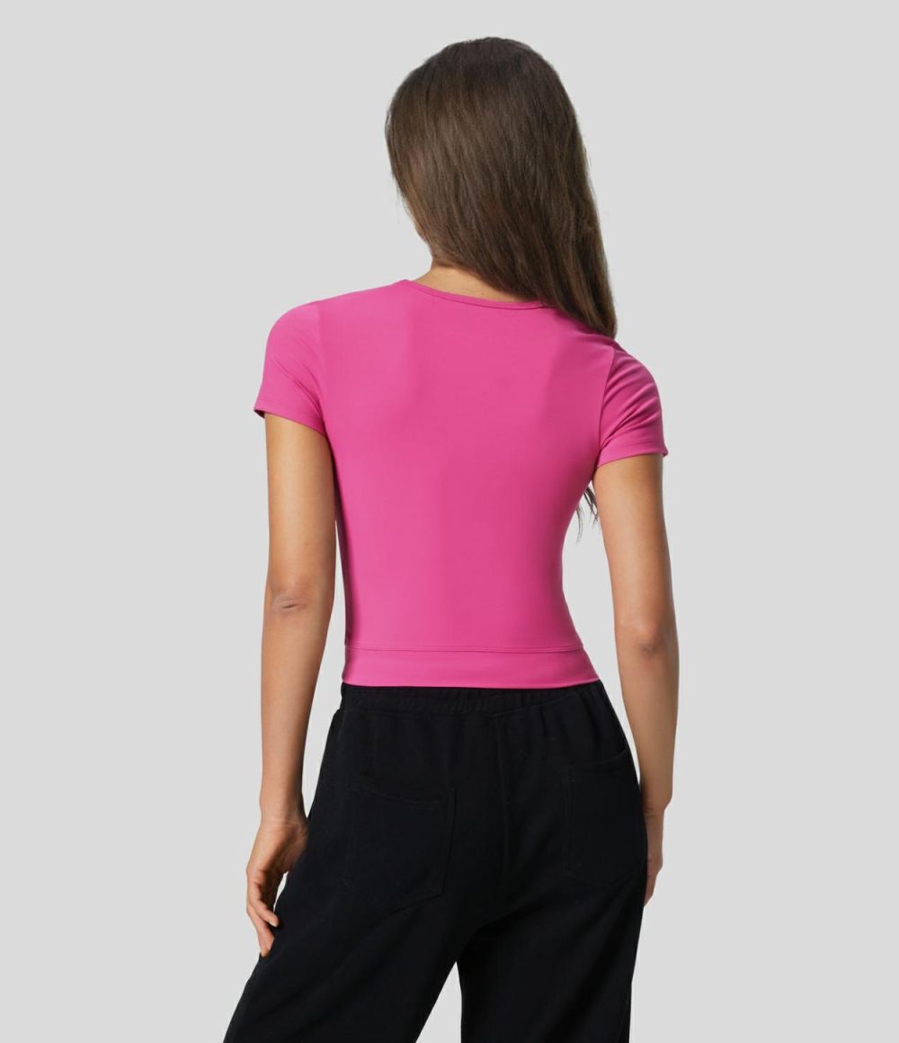 Softlyzero™ Plush Crossover Hem Cropped Yoga Sports Top  | Womens  Sports Tops Clothing Fuchsia Purple/Black