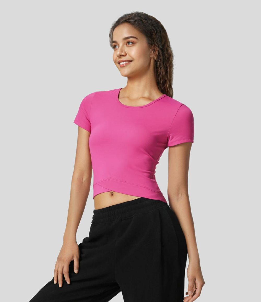 Softlyzero™ Plush Crossover Hem Cropped Yoga Sports Top  | Womens  Sports Tops Clothing Fuchsia Purple/Black