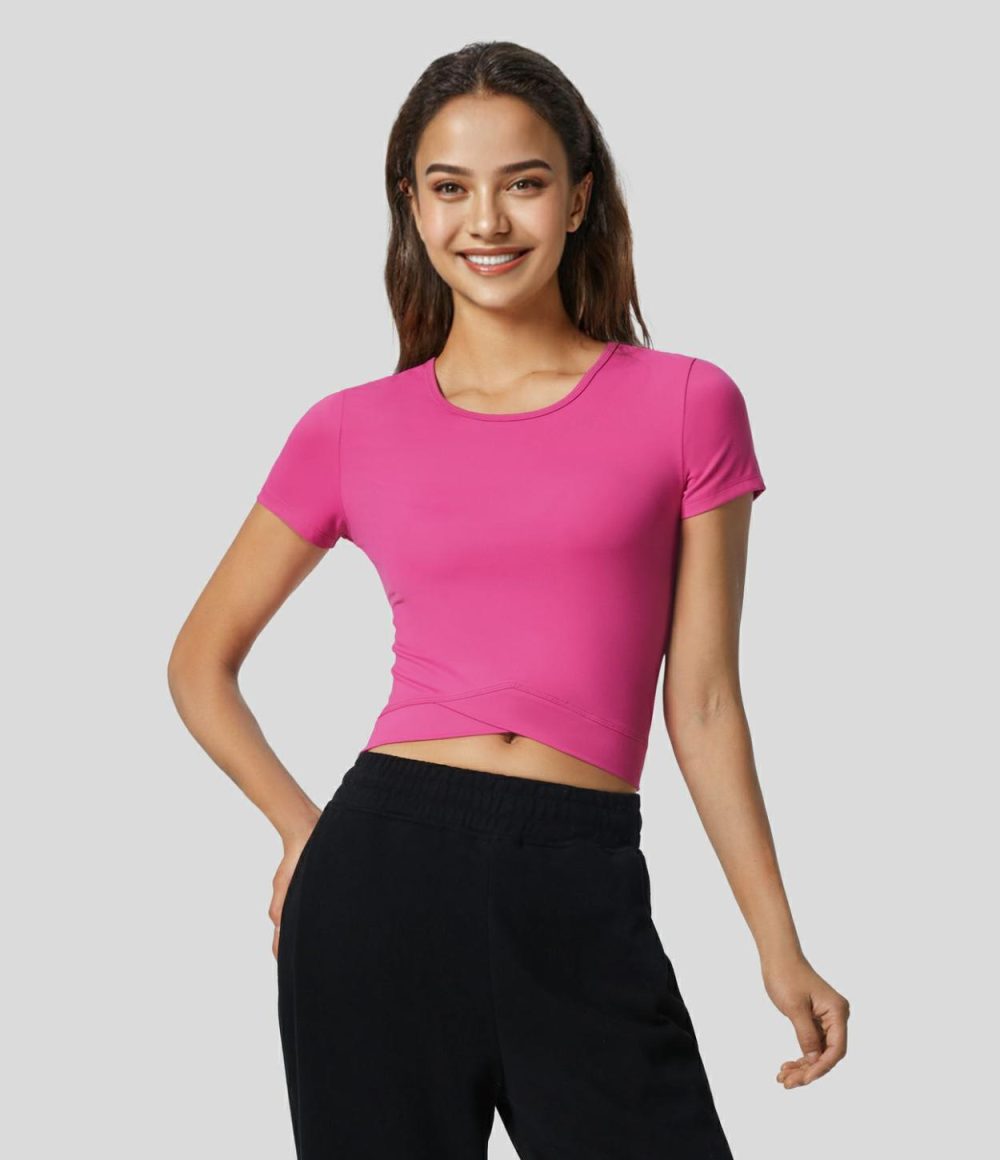 Softlyzero™ Plush Crossover Hem Cropped Yoga Sports Top  | Womens  Sports Tops Clothing Fuchsia Purple/Black