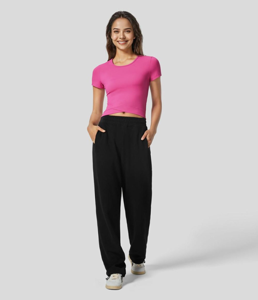 Softlyzero™ Plush Crossover Hem Cropped Yoga Sports Top  | Womens  Sports Tops Clothing Fuchsia Purple/Black