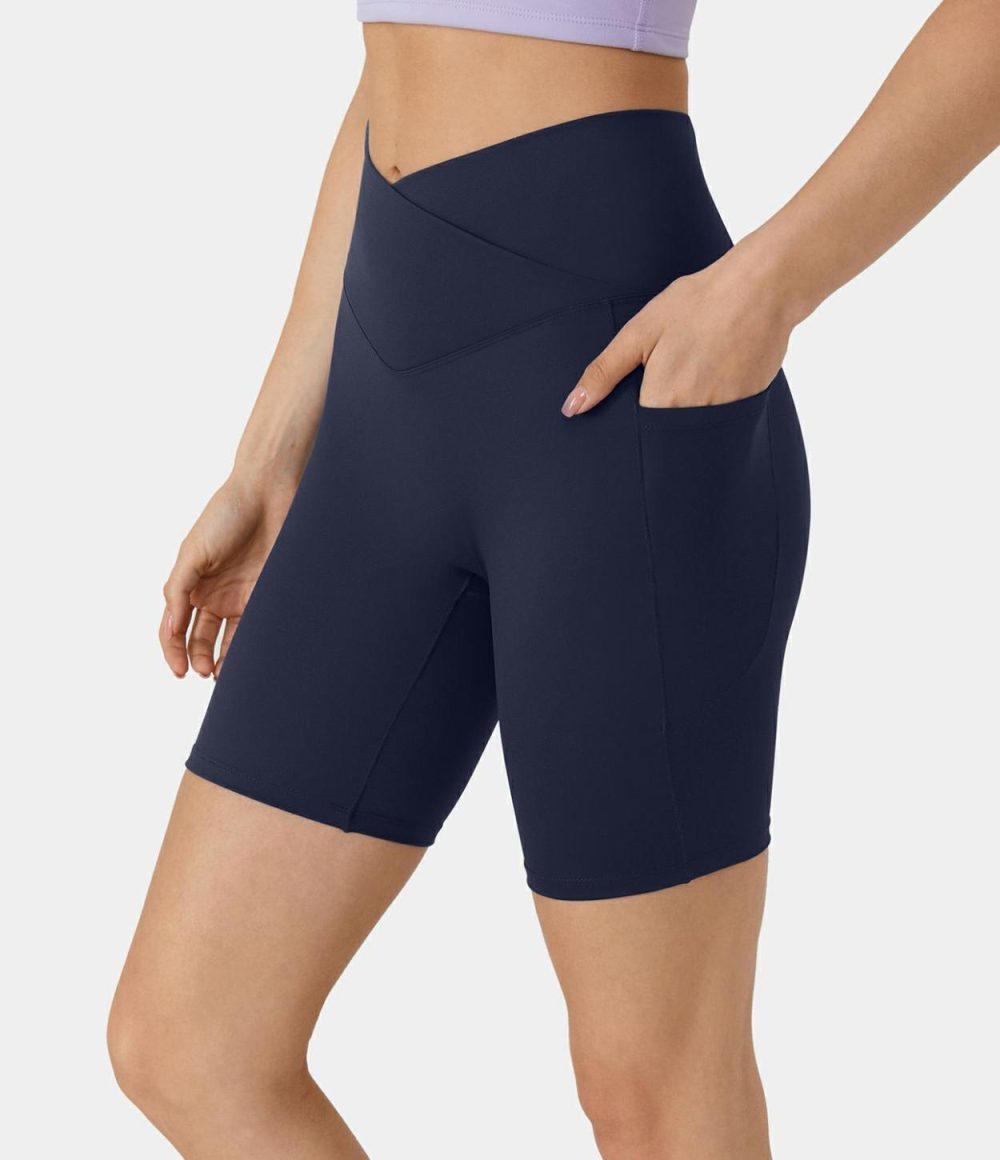 Softlyzero™ Plush Crossover Side Pocket Yoga Shorts 7”  | Womens  Crossover Shorts Clothing Crossover Shorts