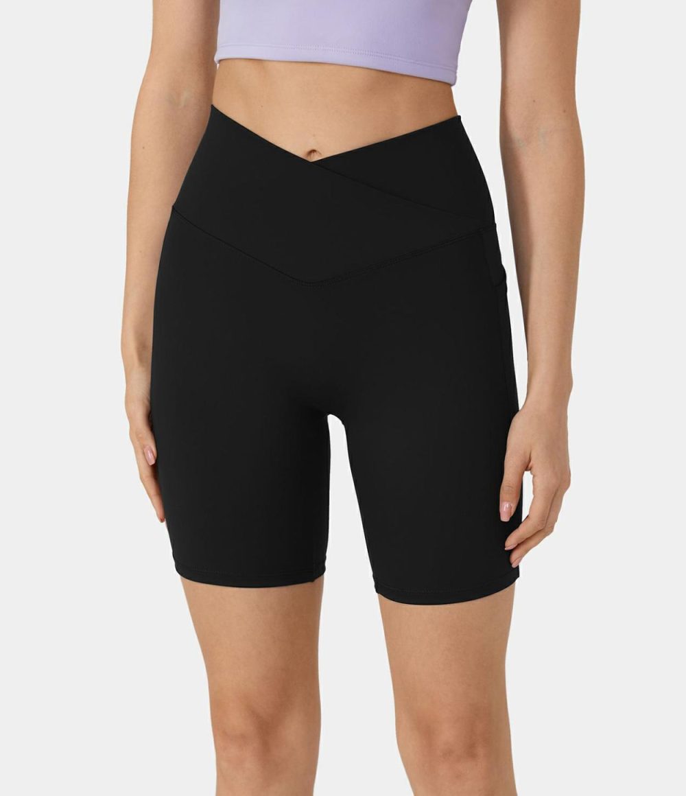 Softlyzero™ Plush Crossover Side Pocket Yoga Shorts 7”  | Womens  Crossover Shorts Clothing Crossover Shorts