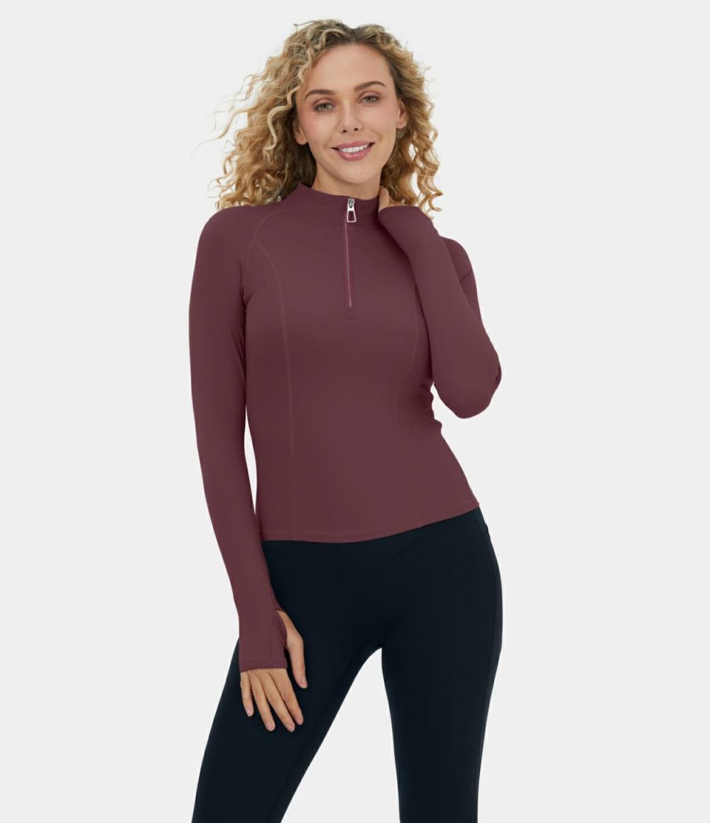 Softlyzero™ Plush Half Zip Thumb Hole Yoga Sports Top  | Womens  Sports Tops Clothing Red Mahogany/Black/White