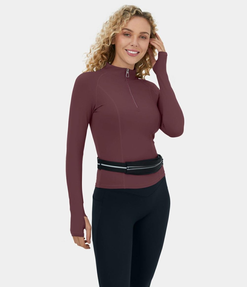 Softlyzero™ Plush Half Zip Thumb Hole Yoga Sports Top  | Womens  Sports Tops Clothing Red Mahogany/Black/White