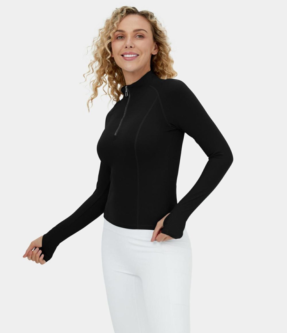 Softlyzero™ Plush Half Zip Thumb Hole Yoga Sports Top  | Womens  Sports Tops Clothing Red Mahogany/Black/White