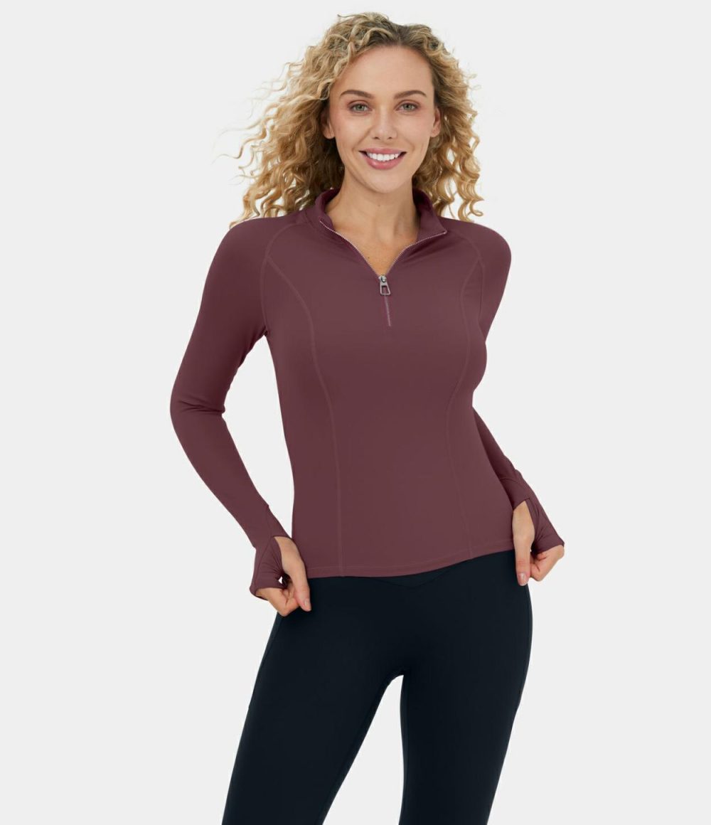 Softlyzero™ Plush Half Zip Thumb Hole Yoga Sports Top  | Womens  Sports Tops Clothing Red Mahogany/Black/White