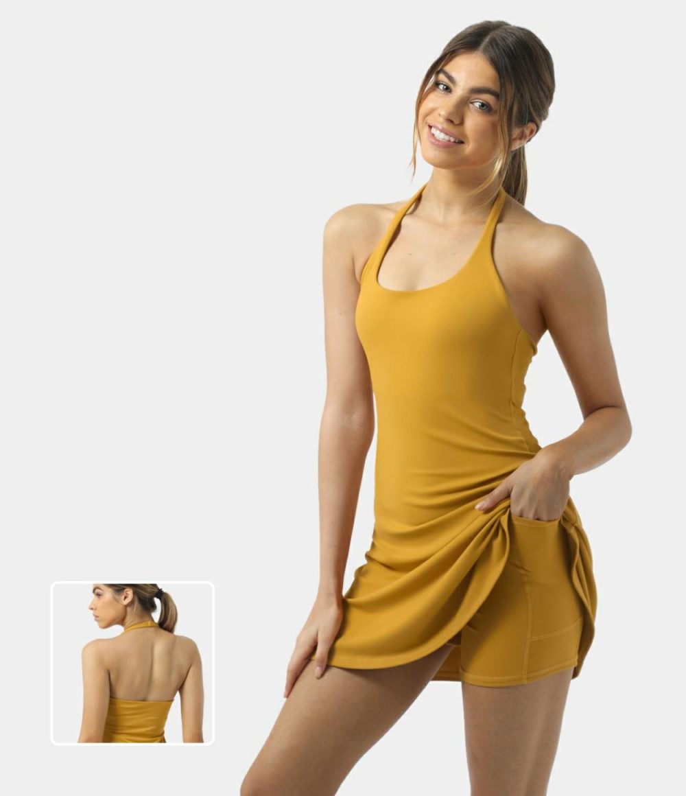 Softlyzero™ Plush Halter Backless 2-in-1 Pocket Mini Slip Active Dress  | Womens  Active Dresses Active Dresses Active Dresses