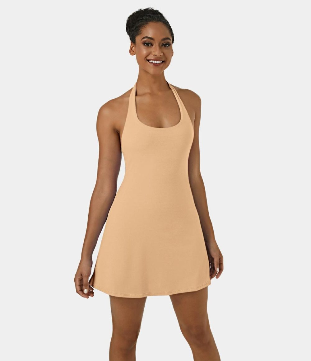 Softlyzero™ Plush Halter Backless 2-in-1 Pocket Mini Slip Active Dress  | Womens  Active Dresses Active Dresses Active Dresses