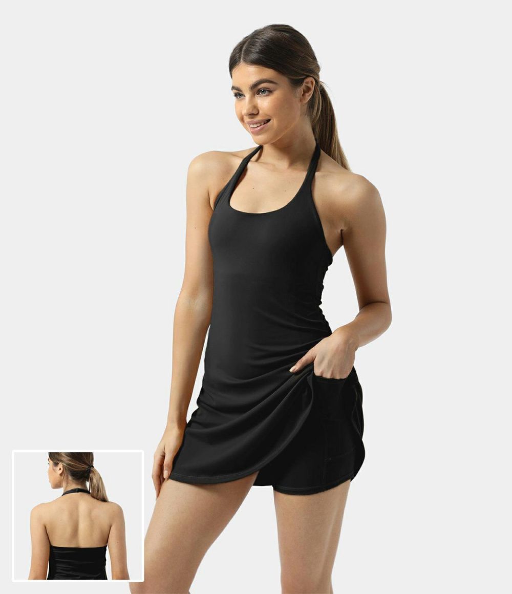 Softlyzero™ Plush Halter Backless 2-in-1 Pocket Mini Slip Active Dress  | Womens  Active Dresses Active Dresses Active Dresses