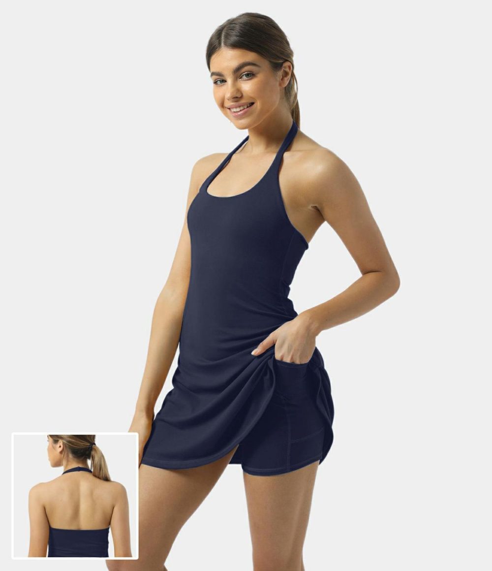 Softlyzero™ Plush Halter Backless 2-in-1 Pocket Mini Slip Active Dress  | Womens  Active Dresses Active Dresses Active Dresses