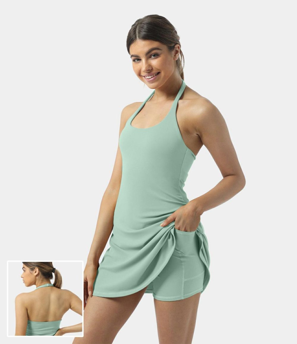 Softlyzero™ Plush Halter Backless 2-in-1 Pocket Mini Slip Active Dress  | Womens  Active Dresses Active Dresses Active Dresses